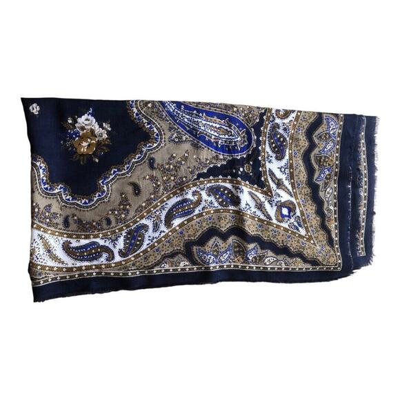 Vintage 1950’s - 1960’s Navy Taupe Ivory Paisley Floral Print Scarf Preowned - Picture 6 of 15